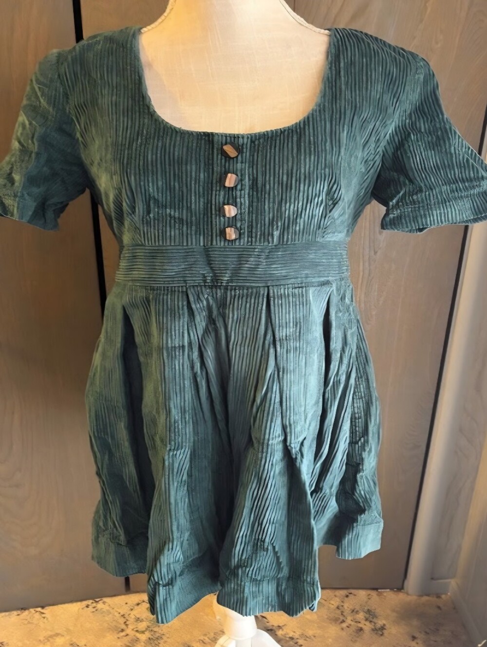 Anthropologie Tulle Forrest Green Corduroy Dress Short Sleeve Pleated Skirt